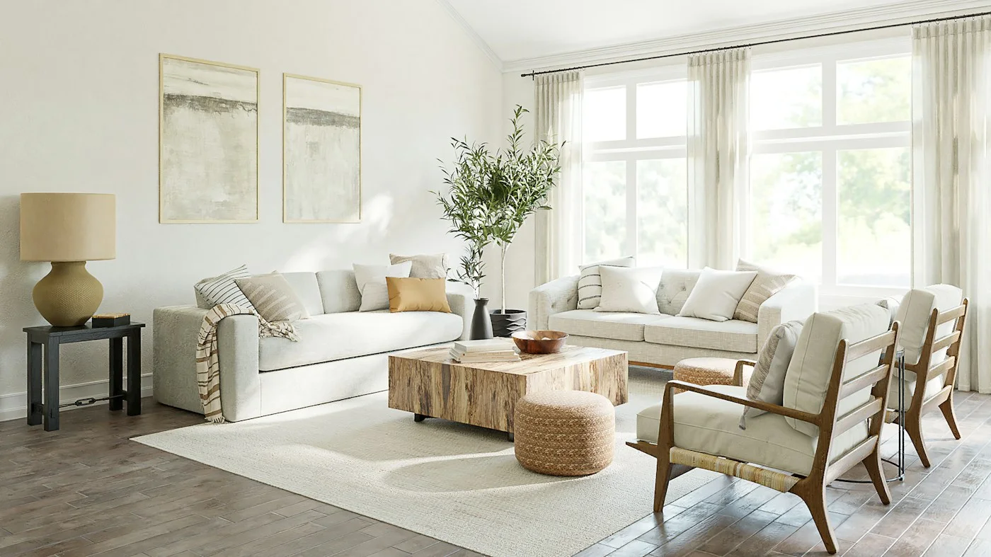 A softly lit living room with neutral furnishings and natural textures